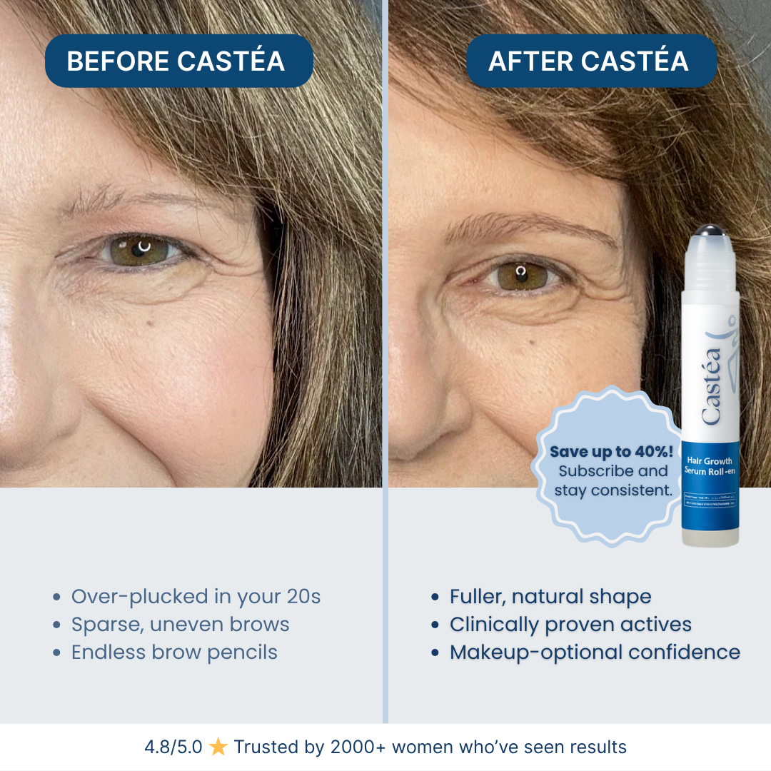 Before and after comparison of a woman's eyebrows after using Castéa Growth Serum