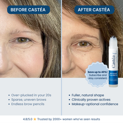 Before and after comparison of a woman's eyebrows after using Castéa Growth Serum
